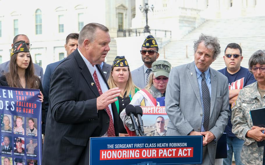 Veteran advocates joined Sen. Jon Tester, D-Mont., chairman of the Senate Committee on Veterans’ Affairs, and Sen. Sherrod Brown, D-Ohio, on Tuesday to push for the Senate to pass the Sergeant First Class Heath Robinson Honoring Our Promise to Address Comprehensive Toxics Act of 2022, also known as the PACT Act. The bill would expand eligibility for health care and benefits to all veterans exposed to burn pits and other toxins. (Photo courtesy of Sen. Jon Tester)